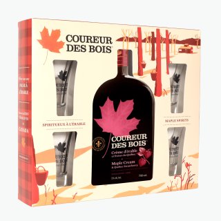 Coffret cadeau Coureur des Bois Crème Fraise + 4 verres à shooter